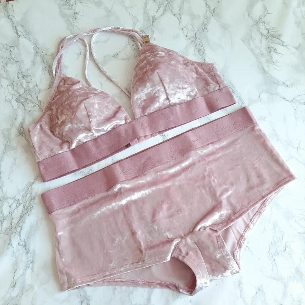 NWT PINK VELVET SET Bralette Panty XL - Picture 1 of 12